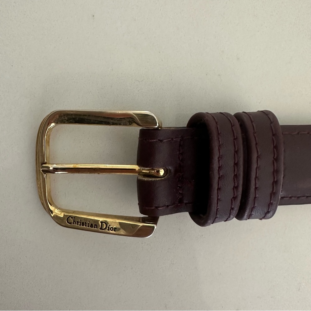 Christian Dior Leather Belt with Gold Tone Buckle in Burgundy Size 28 / Small